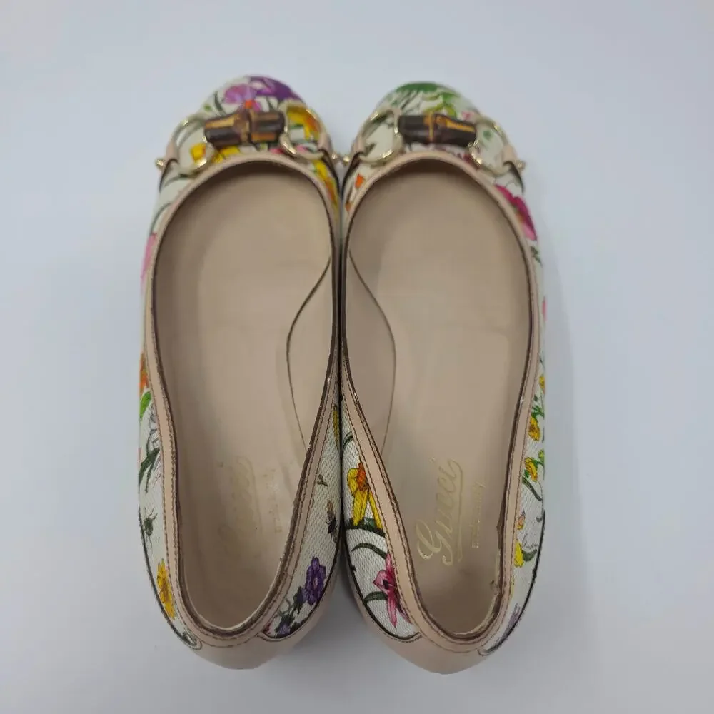 Gucci Horsebit Ballerina Floral Vintage Bamboo Flats Canvas Leather IT 36C 6